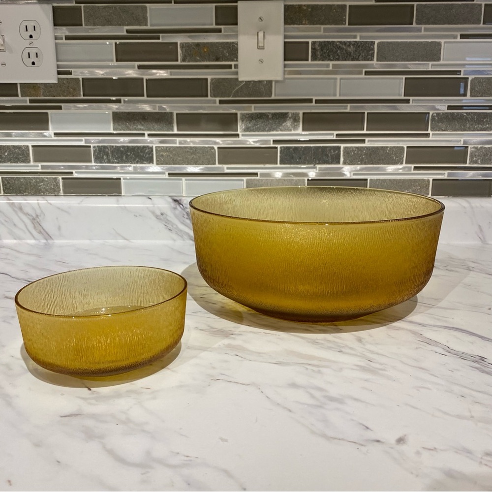 Vintage Indiana Glass serving bowl‎ set chip & dip tree bark amber glass